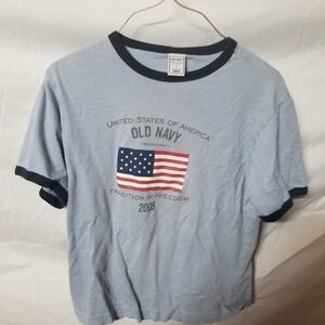 Old Navy Light Blue Ringer Tee with Navy Trim and American Flag